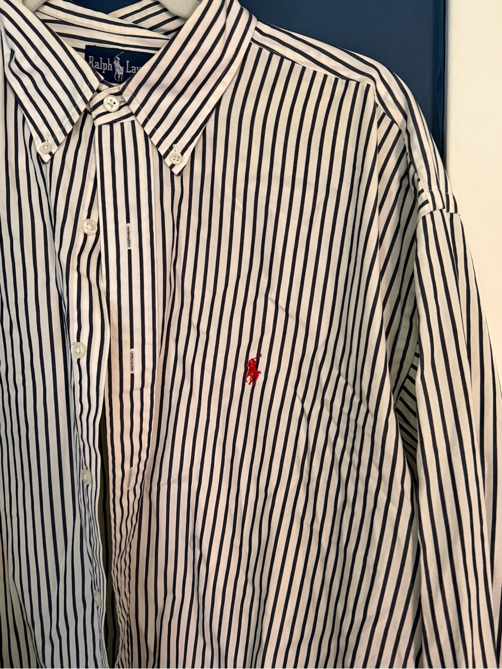 Ralph Lauren White Shirt with Black Stripes and Red Polo Emblem
